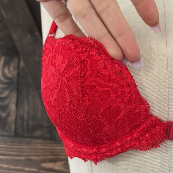 Pink Victorias Secret red lace date racerback wired bra padded Sz-32B - Picture 3 of 12